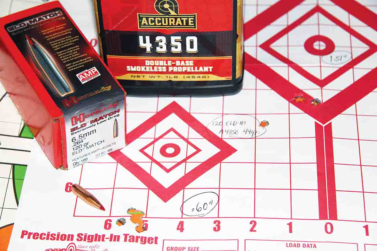 Hornady’s streamlined 120-grain ELD Match paired well with 44 grains of A-4350 powder and produced a .60-inch group  at 2,599 fps.